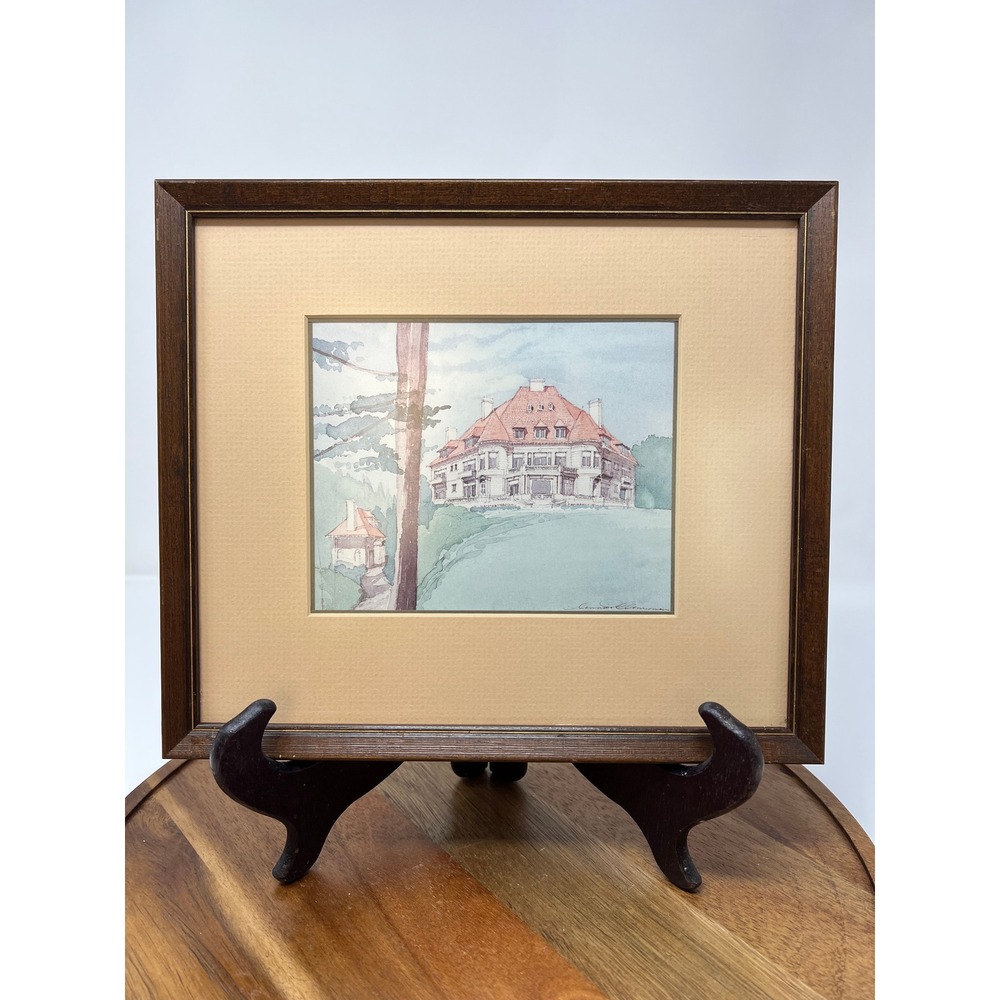 Original Watercolor Painting Grand Estate Mansion‎ House Signed Framed Art